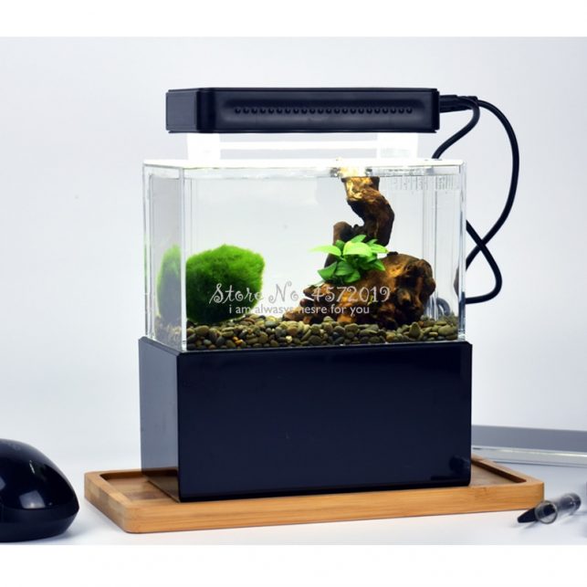 Mini Plastic Fish Tank Portable Desktop Aquaponic Aquarium Betta Fish Bowl with Water Filtration LED & Quiet Air Pump for Decor