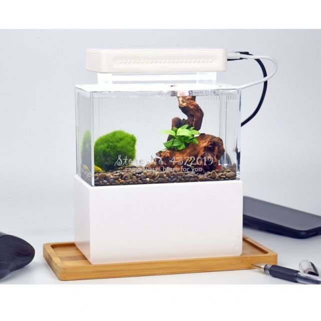 Mini Plastic Fish Tank Portable Desktop Aquaponic Aquarium Betta Fish Bowl with Water Filtration LED & Quiet Air Pump for Decor