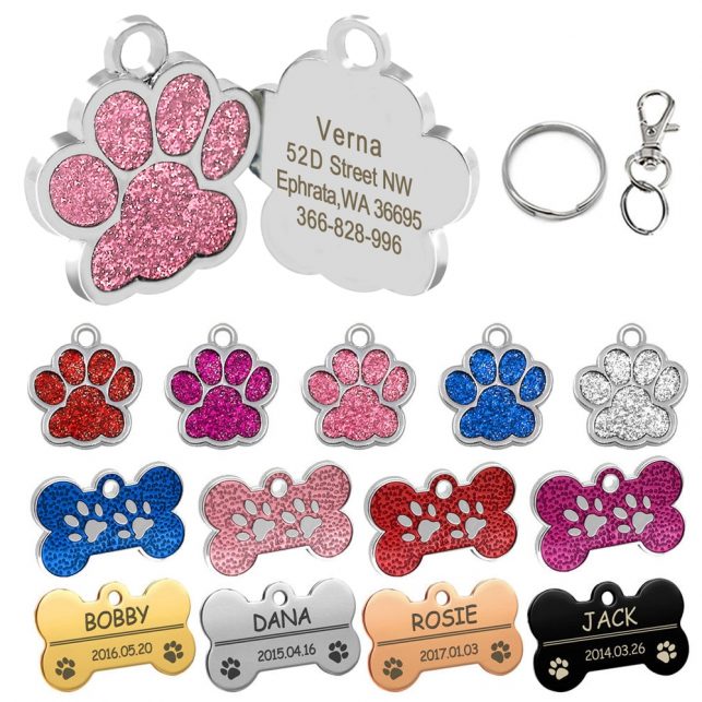 Personalized Dog Tags Engraved Cat Puppy Pet ID Name Collar Tag Pendant Pet Accessories Bone/Paw Glitter