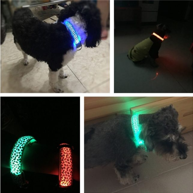Adjustable LED Light Glow Pet Collar Leopard Nylon Pet Dog Cat Night Safety Luminous Flashing Necklace Glowing Neck Belt For Pet